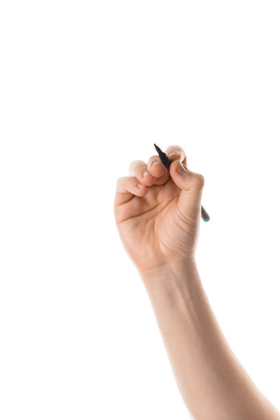 istock Male hand writing with the marker or felt pen. Isolated on white 813431038