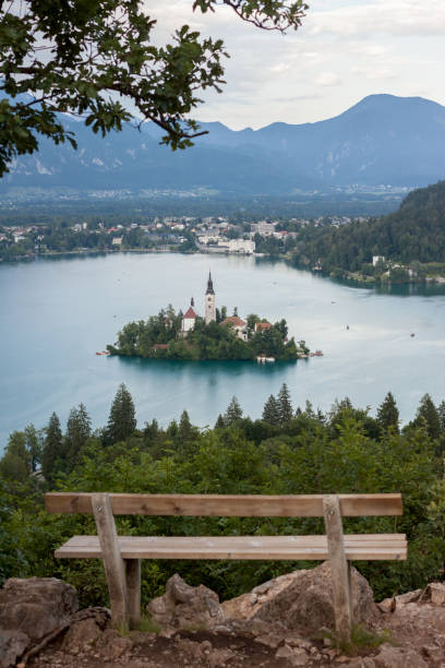istock Bled lake with beautiful island observation bench 813441772