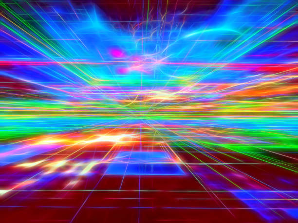 istock Colourful surface, horizon and chaos neon glowing lines 813455574