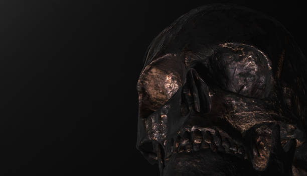istock Human skull with dark background. Death, horror, anatomy and halloween symbol. 3d rendering. 3d illustration 813480532