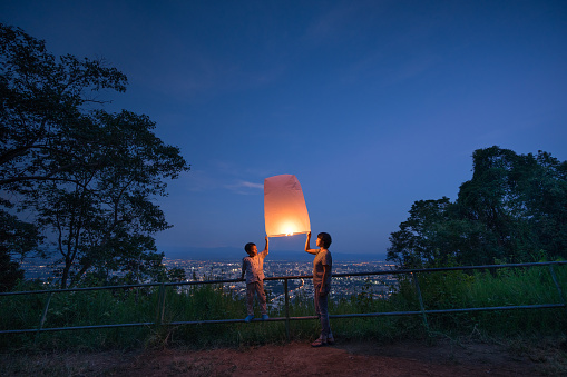 Flying sky lantern in Loy Krathong in Chiangmai,Thailand