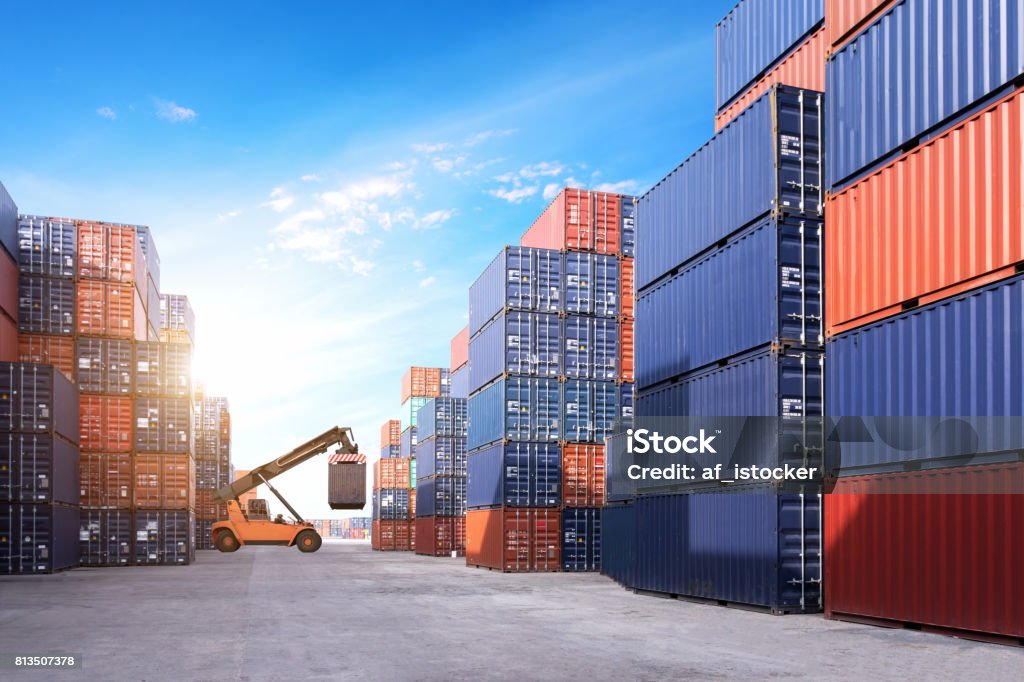 Containers in the port of Laem Chabang in Thailand. Container Stock Photo