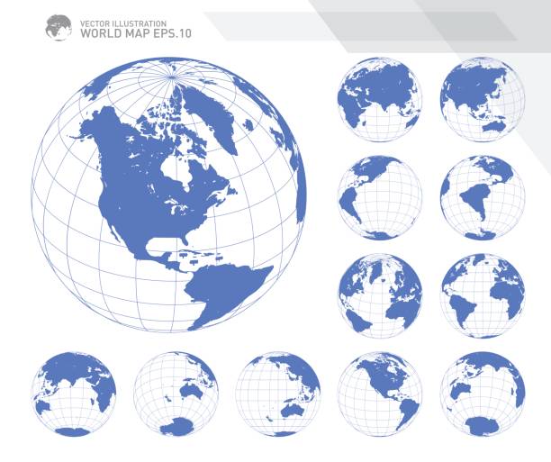 ilustraciones, imágenes clip art, dibujos animados e iconos de stock de globos que muestra la tierra con todos los continentes. vector de globo del mundo digital. vector de mapa mundo punteado. - australasia