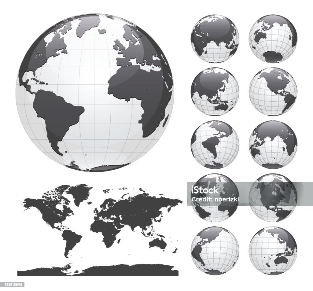 Globes showing earth with all continents. Digital world globe vector. Dotted world map vector. In A Row stock vector
