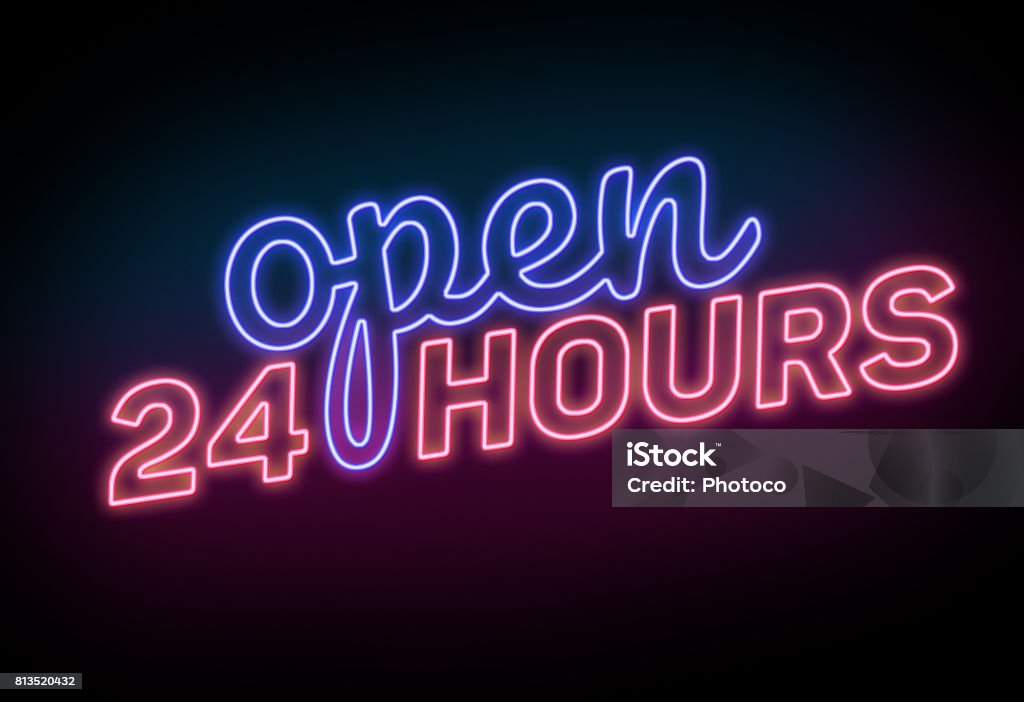 Open 24 Hours Sign on the Black Background Blue and Red Neon Light Open 24 Hours Sign on the Black Background 24 Hrs Stock Photo
