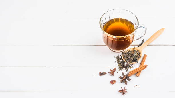 istock tea with  Tea glass on white wood 813520484