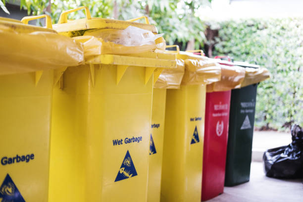 istock Garbage trash bins, separate wet, danger, dry and recycle waste, selective focus shallow depth of field 813522896