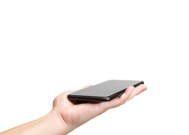 istock Hand holding black mobile phone with blank screen isolated on white background,Mock up for display of your content of replace with background 813523202