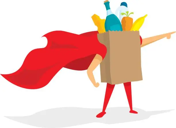 Vector illustration of Super groceries bag hero wearing a cape