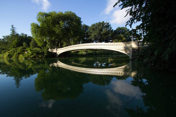 istock Bow bridge, trees under the shade and blue sky reflect on calming water at Central Park 813530392
