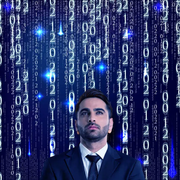 Photo of Businessman with binary code background