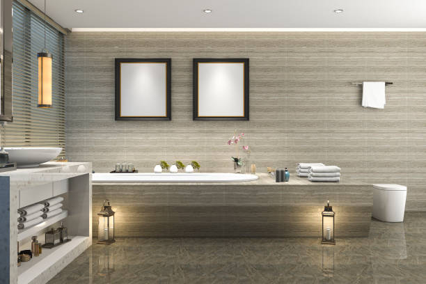 istock 3d rendering modern classic bathroom with luxury tile decor with nice nature view from window 813556448