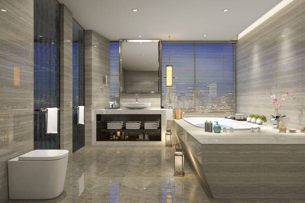 istock 3d rendering modern classic bathroom with luxury tile decor with nice nature view from window 813556450