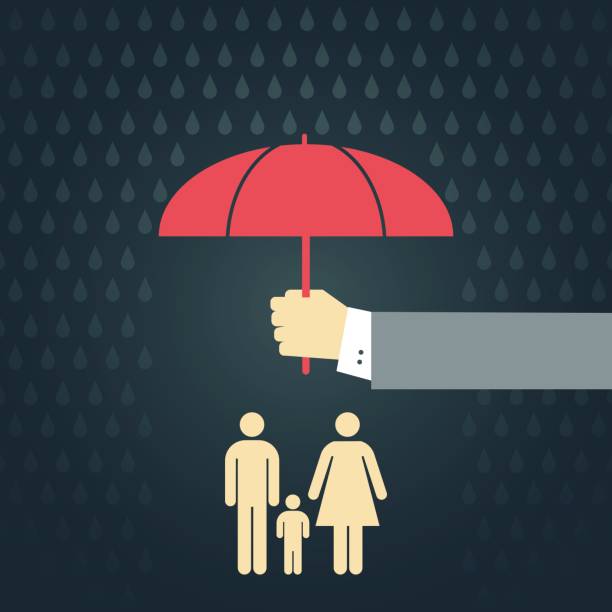 ilustrações de stock, clip art, desenhos animados e ícones de family protection concept - protection umbrella people stick figure