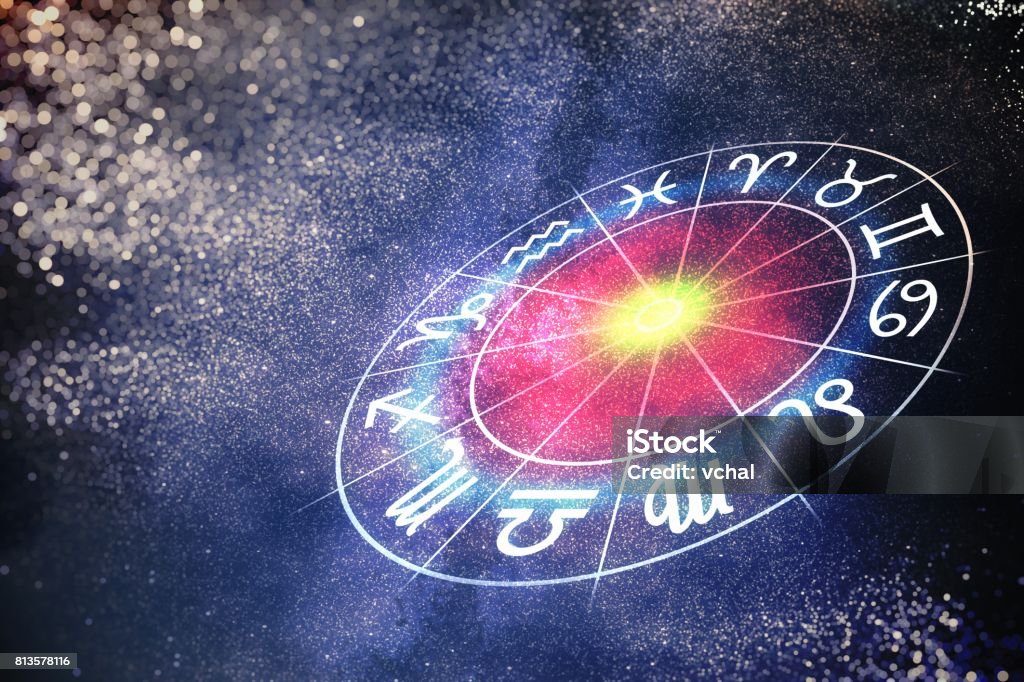 Concepto de astrología y horóscopos. 3D prestados ilustración de signos del zodiaco en círculo. - Foto de stock de Astrología libre de derechos