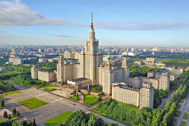 Aerial view of Moscow State University in the summer morning