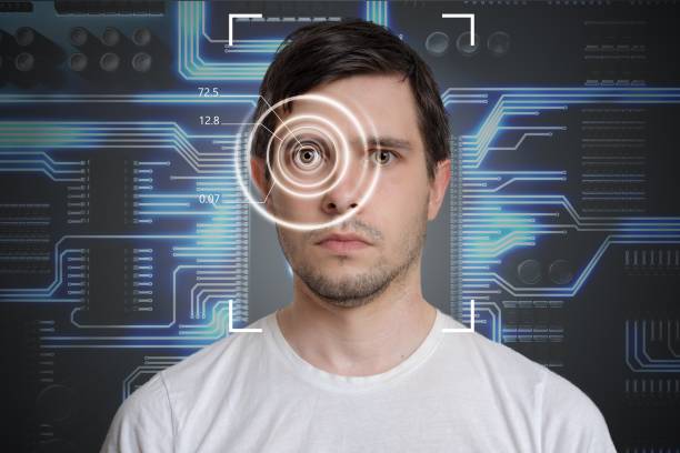 istock Face detection and recognition of man. Computer vision concept. Electronic circuit in background. 813581296