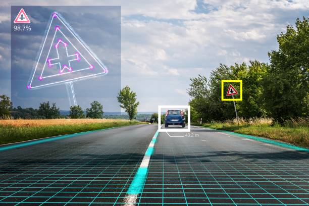 Autonomous self-driving car is recognizing road signs. Computer vision and artificial intelligence concept.