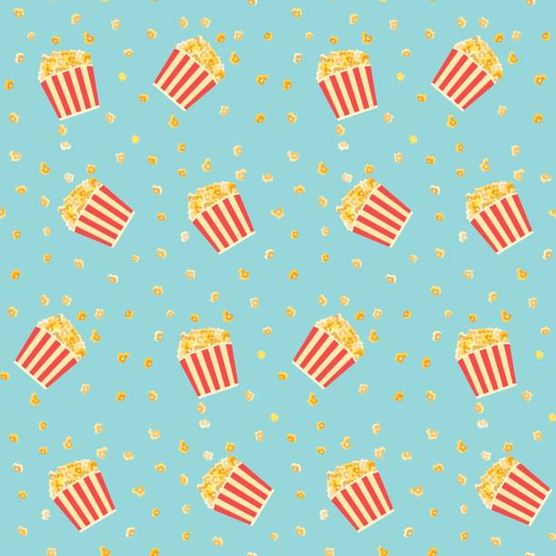 Bright colorful popcorn in boxes seamless pattern. Cinema food texture Bright colorful yellow popcorn in red striped boxes on blue background seamless pattern. Cinema food texture for banners, covers, print, textile, backgrounds, wallpaper movie patterns stock illustrations