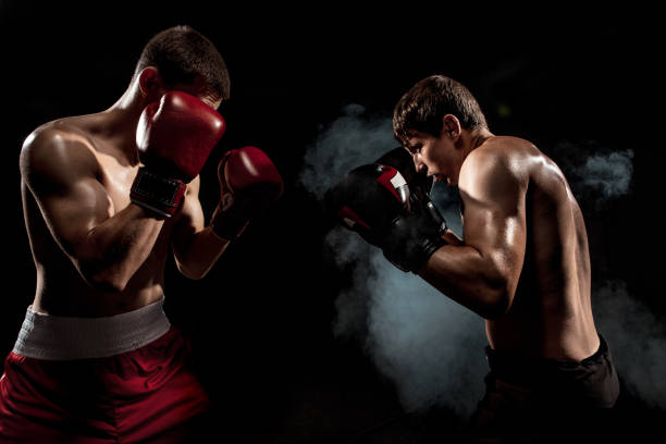 istock Two professional boxer boxing on black smoky background 813590868