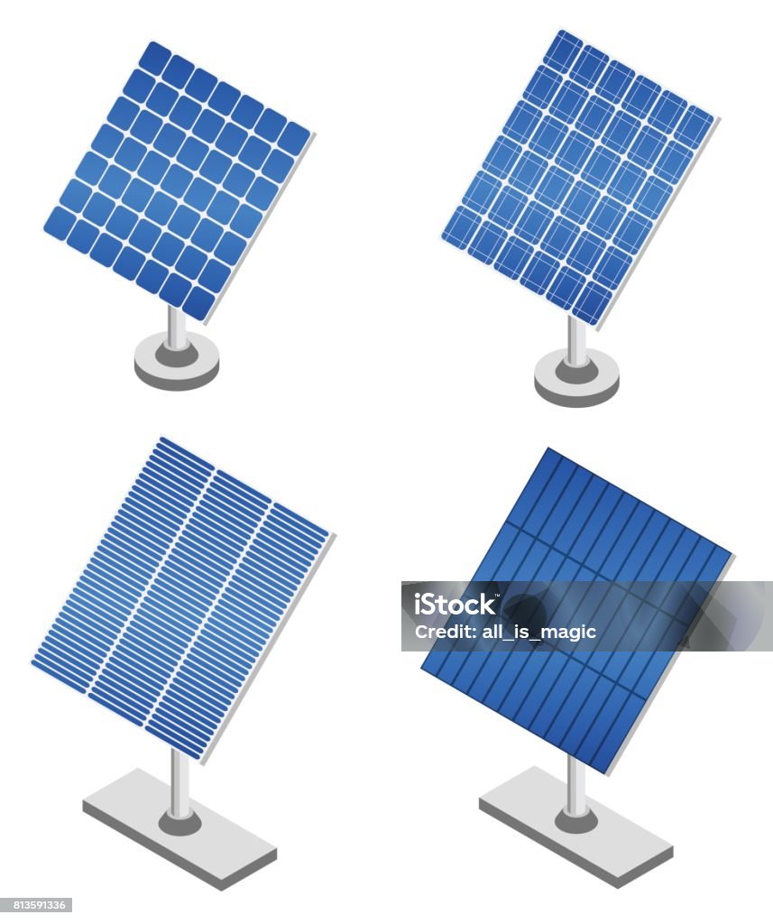 Set of solar panels in isometric projection. Set of solar panels in isometric projection. Renewable energy source. Eco friendly power technology. Vector illustration. Solar Panel stock vector