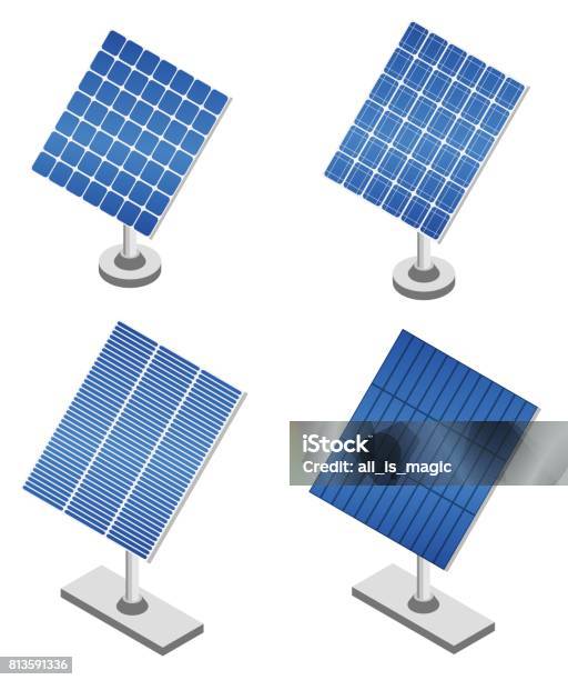 Set Of Solar Panels In Isometric Projection Stock Illustration - Download Image Now - Solar Panel, Isometric Projection, Icon Symbol
