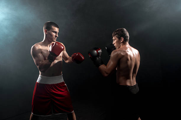 istock Two professional boxer boxing on black smoky background 813593606