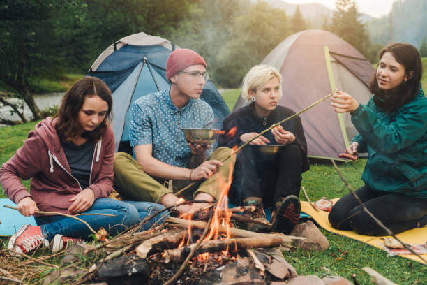 istock Friends sitting near the campfire in camping 813593846