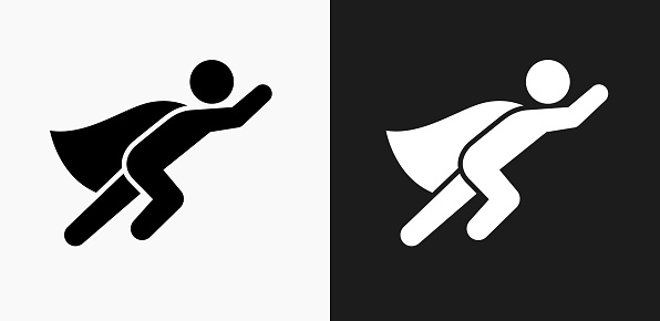 Superhero Icon on Black and White Vector Backgrounds. This vector illustration includes two variations of the icon one in black on a light background on the left and another version in white on a dark background positioned on the right. The vector icon is simple yet elegant and can be used in a variety of ways including website or mobile application icon. This royalty free image is 100% vector based and all design elements can be scaled to any size.