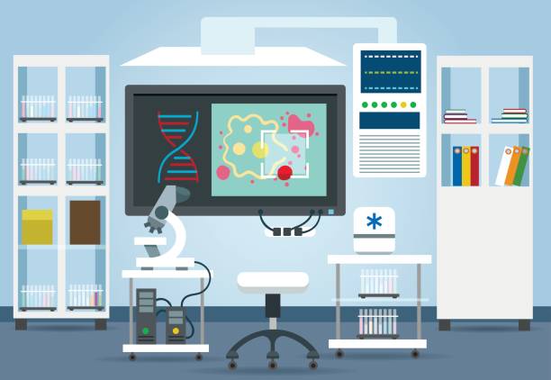 생물학 연구 실험실 내부 - abstract dna backgrounds education stock illustrations