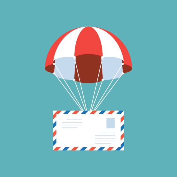 ilustrações, clipart, desenhos animados e ícones de envelope de correio aéreo com para-quedas - red asia send mail