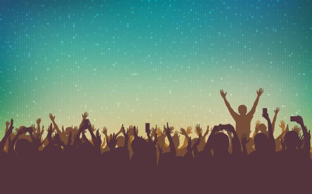 人々 のシルエットはスマート フォンとデジタル ドット パターン ヴィンテージ色の背景上のコンサートで手を上げる - cheering silhouette people crowd点のイラスト素材／クリップアート素材／マンガ素材／アイコン素材