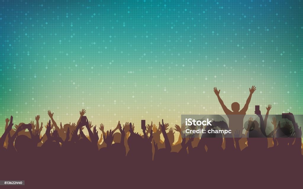 silhouette of people raise hand up in concert with smart phone and digital dot pattern on vintage color background Music Festival stock vector