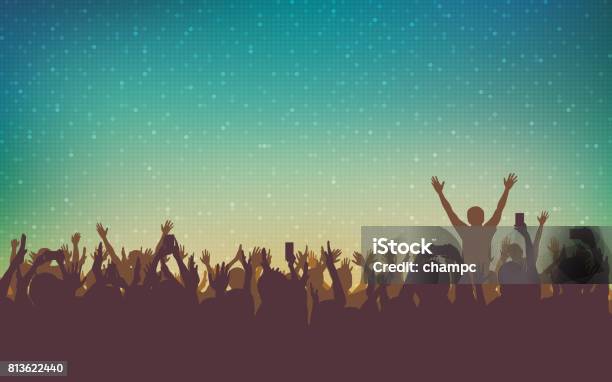 Silhouette Of People Raise Hand Up In Concert With Smart Phone And Digital Dot Pattern On Vintage Color Background Stock Illustration - Download Image Now