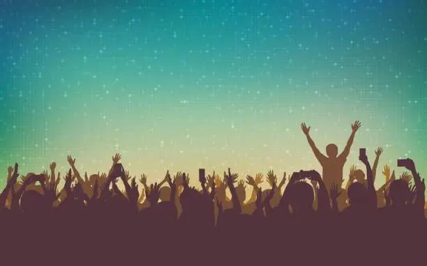 Vector illustration of silhouette of people raise hand up in concert with smart phone and digital dot pattern on vintage color background
