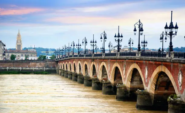 The Pont de pierre or Stone Bridge in Bordeaux, France. Composite photo