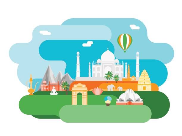 illustrations, cliparts, dessins animés et icônes de dessin animé symbole du concept de tourisme inde fond. vector - business traditional culture journey india