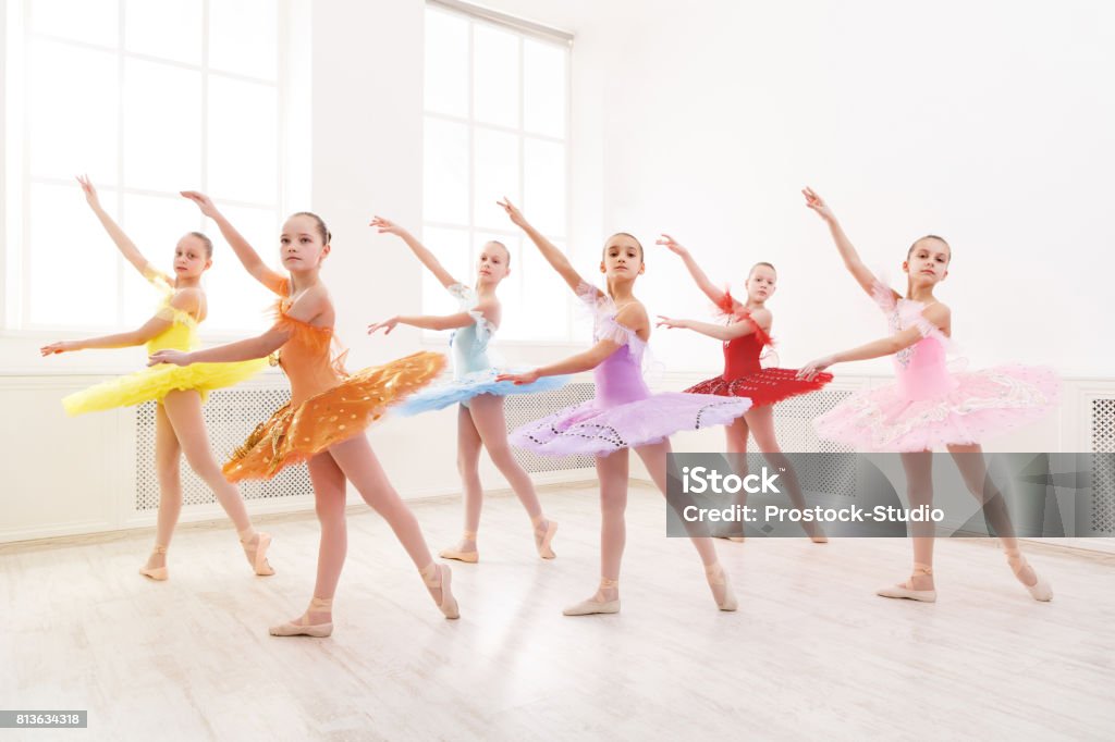 Group of young ballet dance students performing Group of young ballet dance students performing. Girls dancing ballet, choreography practicing, copy space Child Stock Photo