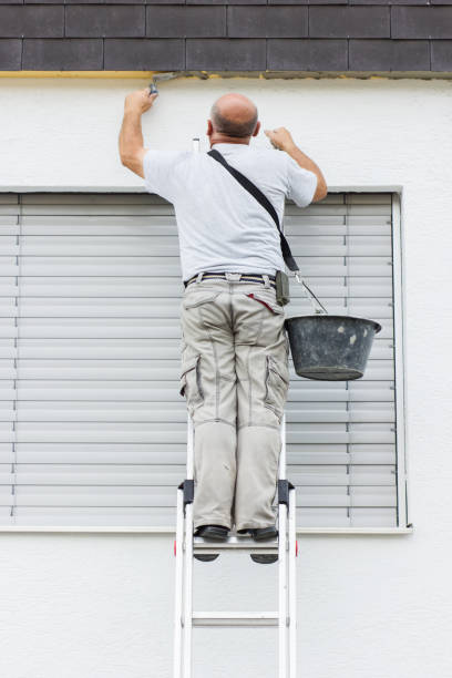istock plasterer staying on ladder and covering the roof underside with a layer of render 813638746