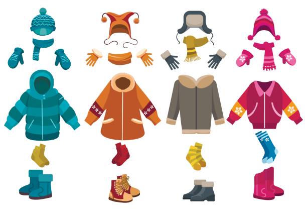 ilustrações de stock, clip art, desenhos animados e ícones de winter clothes and cold weather accessories - coat