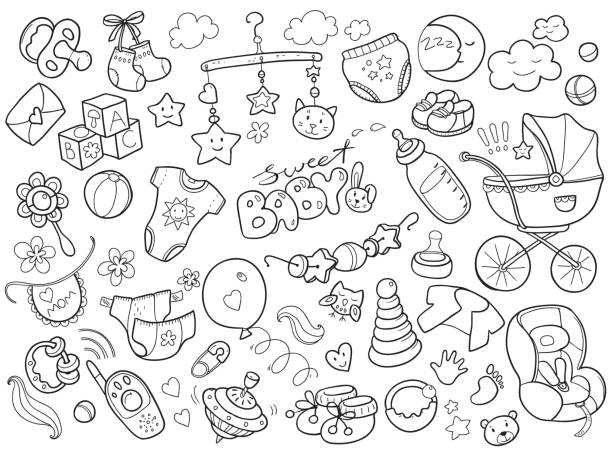 set doodle bertema bayi yang baru lahir. perawatan bayi, makan, pakaian - baby rattle ilustrasi stok