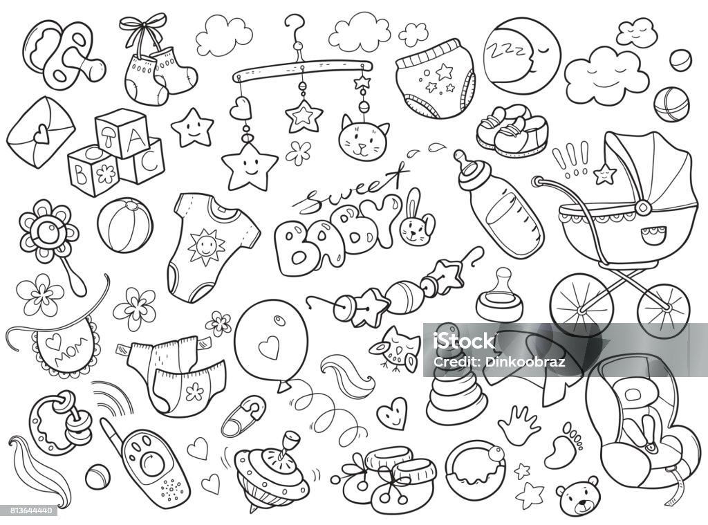Newborn infant themed doodle set. Baby care, feeding, clothing Newborn infant themed cute doodle set. Baby care, feeding, clothing, toys, health care stuff, safety, accessories. Vector drawings isolated Baby - Human Age stock vector