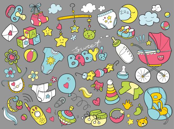 set doodle bertema bayi yang baru lahir. perawatan bayi, makan, pakaian - stroller car seat ilustrasi stok