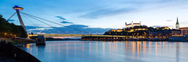 istock Bratislava, New Bridge, Castle, Cathedral during dusk, panorama 3:1 813648604