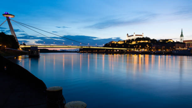 istock Bratislava, New Bridge, Castle, Cathedral during dusk, wide 16:9 813648812