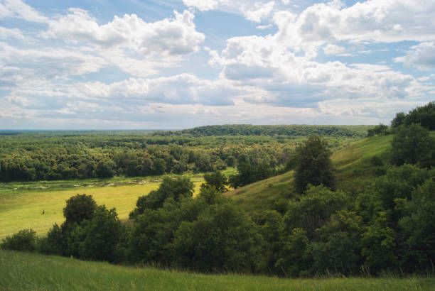 istock Fields and meadows in a hilly valley under a cloudy summer sky 813652230
