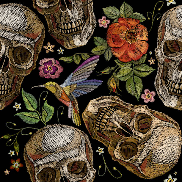 Embroidery skull and roses, humming bird and flowers seamless pattern. Dia de muertos art, day of the dead. Gothic embroidery human skulls and red roses, clothes template and t-shirt design vector art illustration
