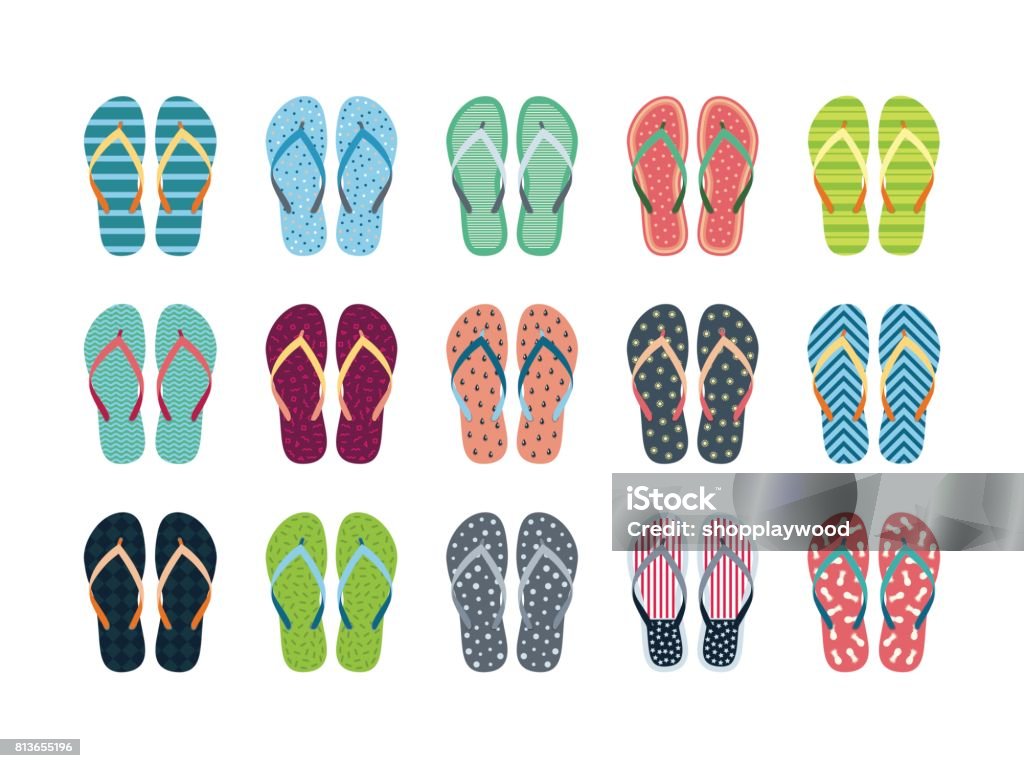 Summer flip flops set Summer flip flops set isolated on white background. Flip flops with different designs drawn in flat style Flip-Flop stock vector