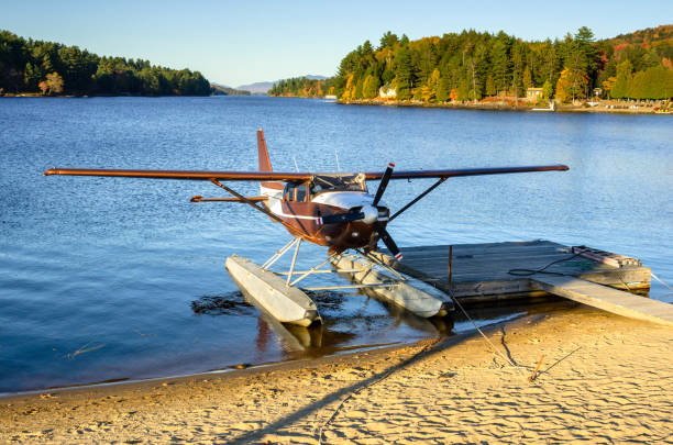Empty Seaplane on the Shore of a Lake under Blue Sky