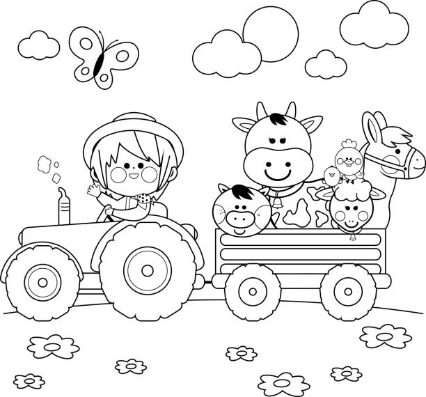Farmer boy driving a tractor and carrying farm animals. Black and white coloring book page Little farmer boy at the farm driving a tractor, carrying animals: A cow, pig, chickens, sheep and a horse. Black and white coloring book page coloring book page illlustration technique illustrations stock illustrations